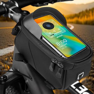 Bike Front Frame Bag Bike Storage Bag Waterproof Bike Phone Holder Bag Touch-Screen 1.5L Cycling Pouch for Phones Under 6.5 Inch
