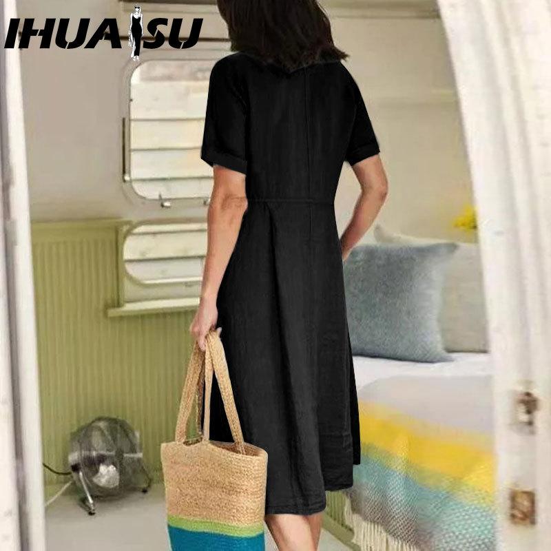 IHUASU Damenmode Sommer Frühling Einfarbig Druck V-Ausschnitt Hohe Taille Lässige Kleider