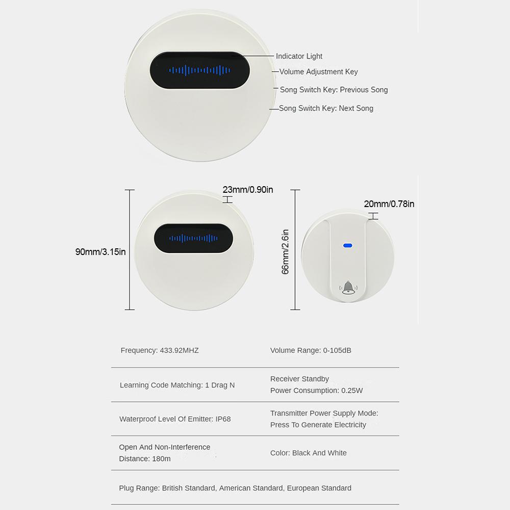 2 Receiver Wireless Doorbell with 180 Range Adjustable Volume IP68 Waterproof 58 Melodies White