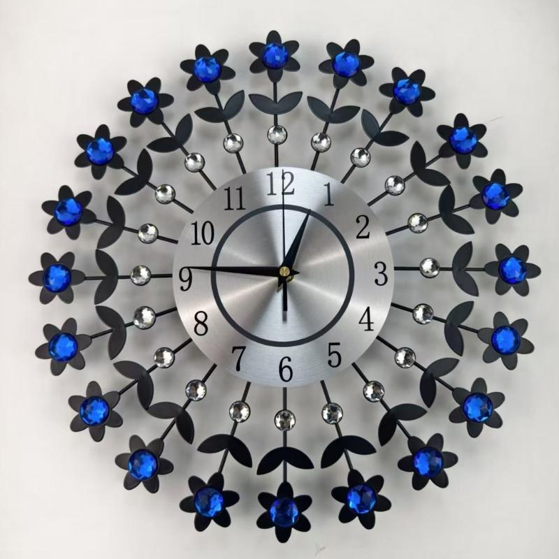 Crystal Flowers Wall Clock None-Ticking Silents Battery Operated Clocks Decorative Wall Clocks for Living Room Decors
