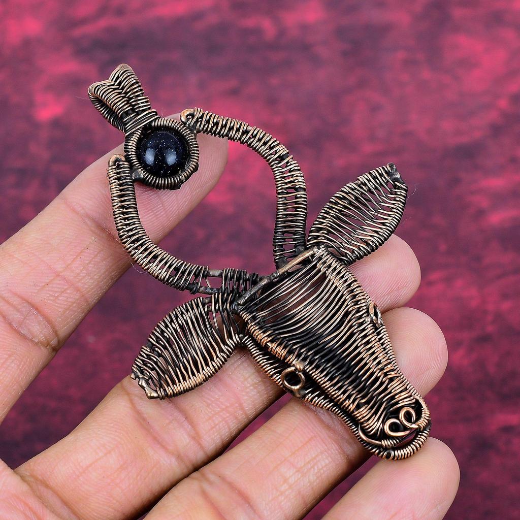 Blue Sunstone Pendant Copper Wire Wrapped Cow Face Pendant Real Gemstone Jewelry