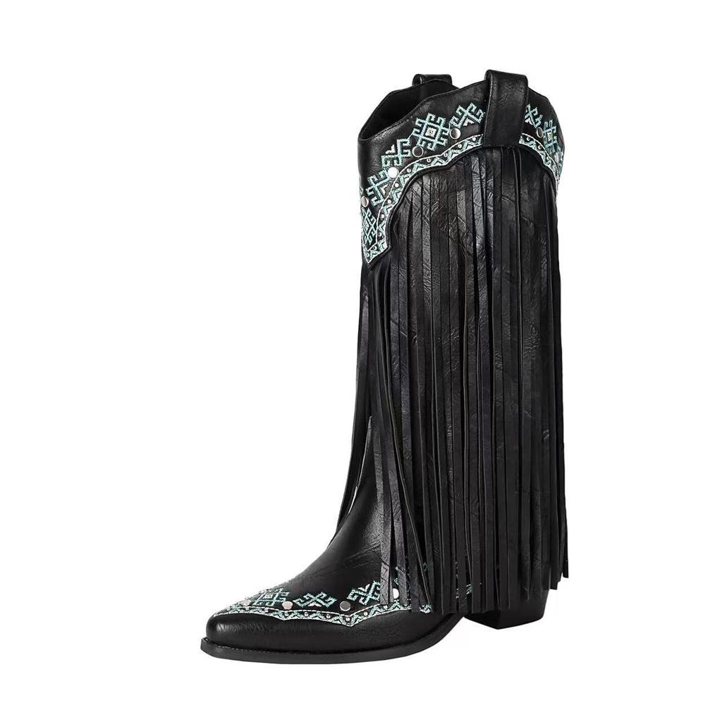 Cowboy Boots Embroidery Autumn and Winter New Knight Boots Large Size Fringed Thick Heel Rivet Western High Boots