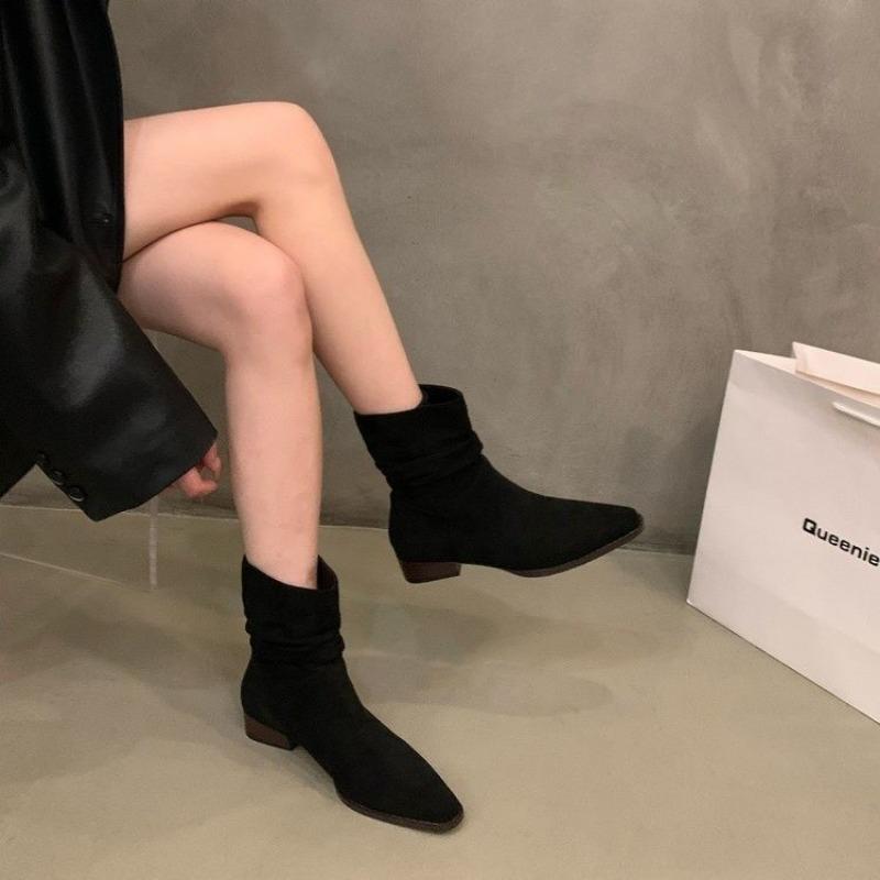 Autumn Winter High Quality Women Ankle Boots  Fashion Faux Suede Retro New Pleated Design Low-heeled Rider Boots Botas Mujer
