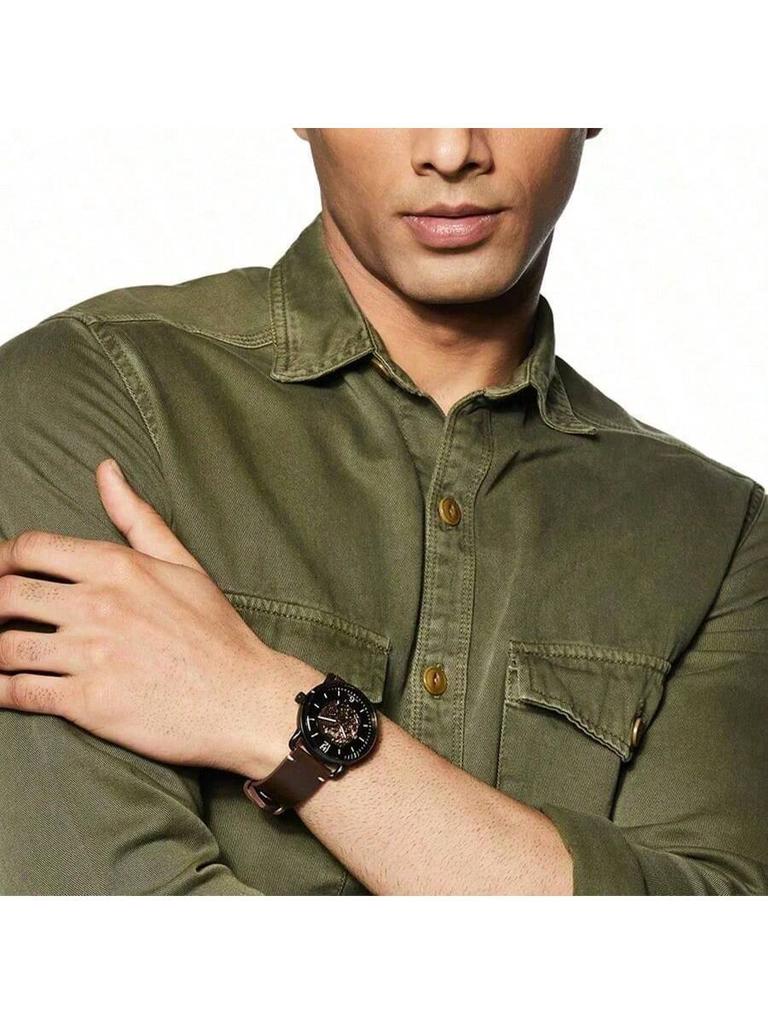 Herren-Automatik-Uhr für Pendler, mit schwarzem rundem Zifferblatt und braunem Lederarmband, perfekt für beide Anlässe. ausgezeichneter Geburtstag oder Feiertag. ME3158