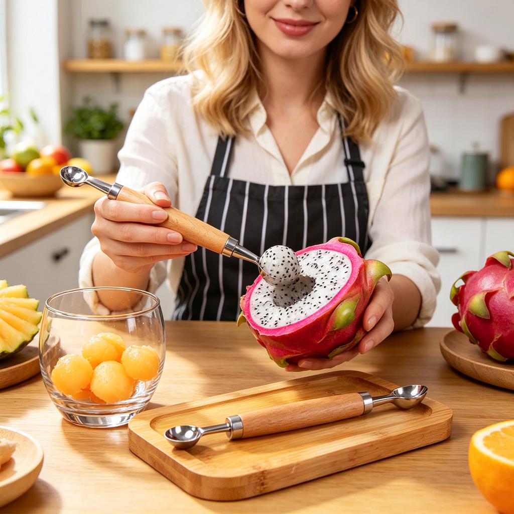 Doppelseitiger Obstlöffel und Melonenlöffel aus Edelstahl mit Holzgriff Küchenwerkzeug zum Ausstechen und Teilen von Früchten