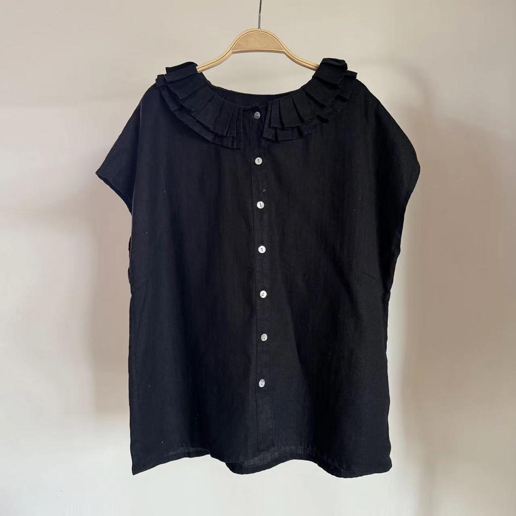 Johnature Simple Shirts Women Summer Mori Vintage Casual Ruffles Collar Loose Solid Color Short Sleeve Female Tops