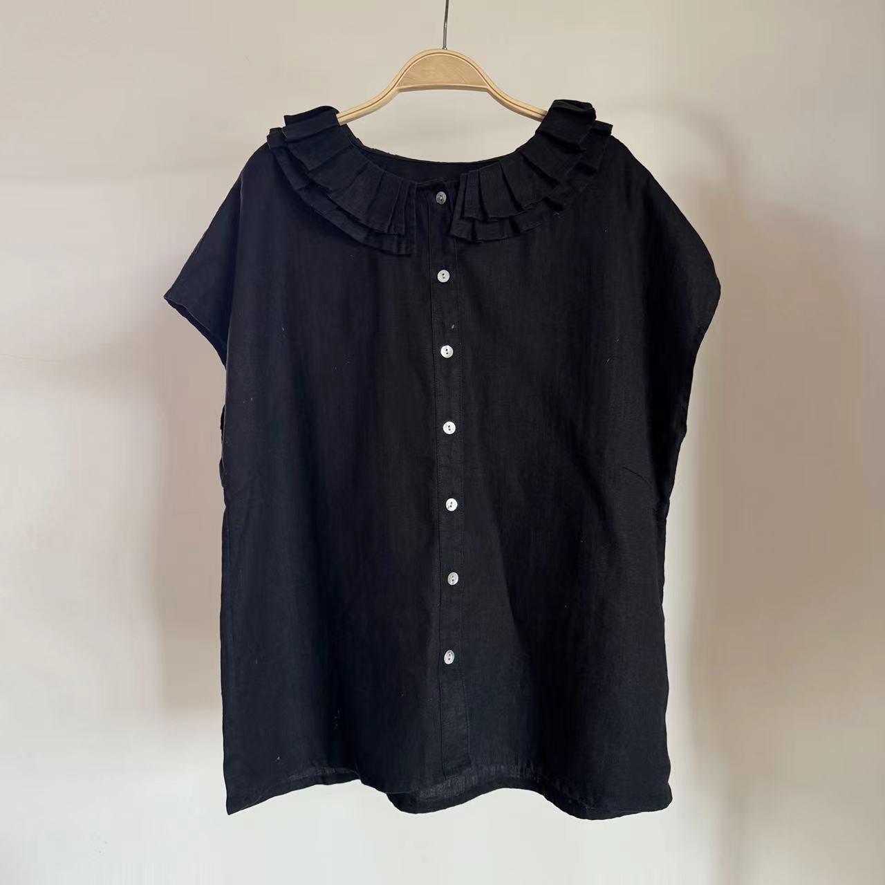 

Johnature Простые рубашки женские летние Mori Vintage повседневные оборки воротник свободные однотонные короткие рукава женские топы One Size чёрный