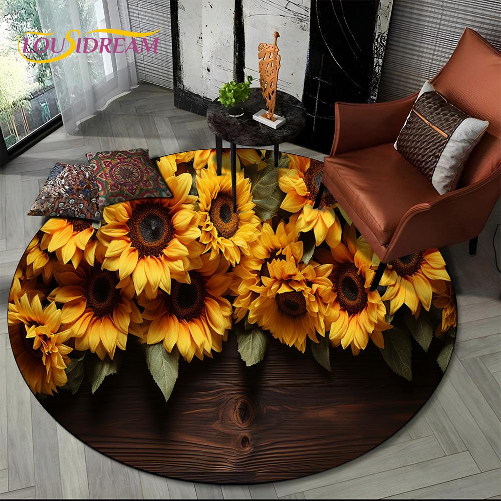 Luxuriöser Sonnenblumen 3D Rosen Nordische Gänseblümchen Runder Teppich Teppich für Wohnzimmer Schlafzimmer Sofa Dekor, Kinderbereich Teppich Rutschfeste Bodenmatte Geschenk