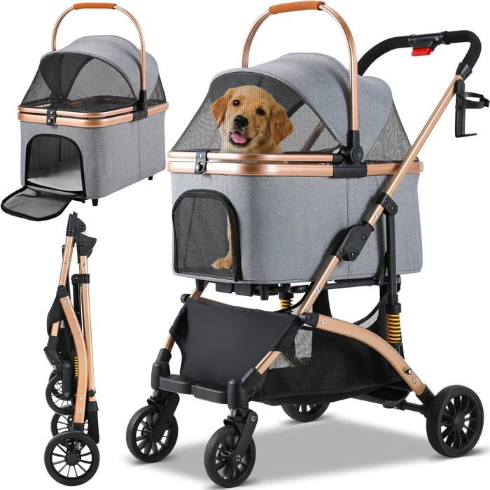 Foldable 3-in-1 Dog Cat Stroller, Pet Stroller with 360° Wheels, Storage Basket, Mesh Window, Cup Holder
