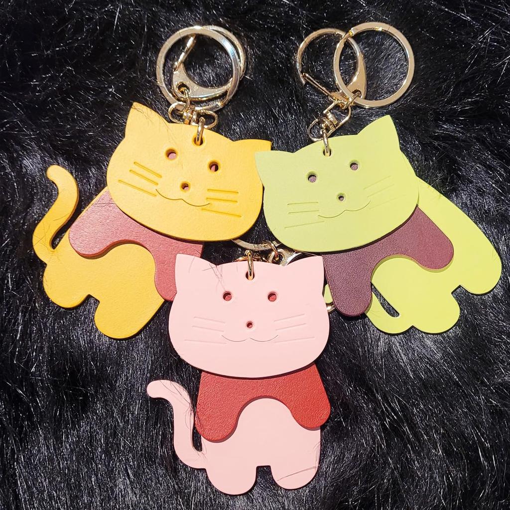 [byDream] Genuine Leather Cat Keychain, Perfect for Cat Lovers, Bag Charm, 8cm Cat, 3-Section Large Cat Pattern, Cowhide Leather, Gift, Gift (Pink)