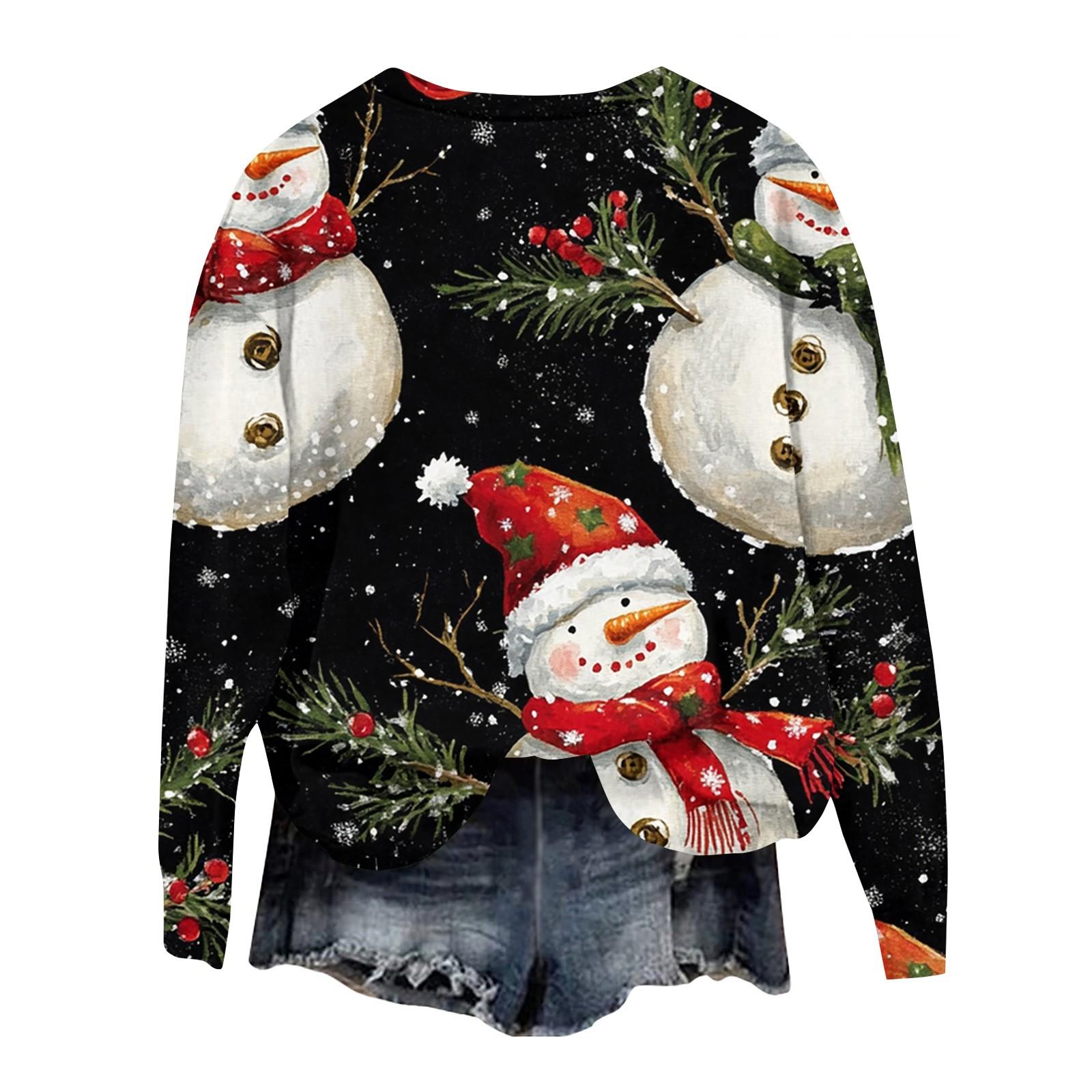 Женская мода круглый вырез пуловер длинный рукав футболка рождественский принт топ M — фото 4