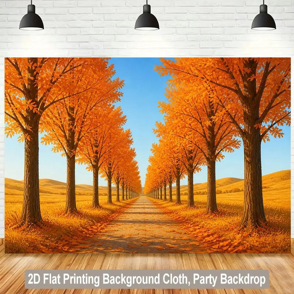 2D flat surface 1 piece of landscape autumn trees path background banner suitable for home garden studio