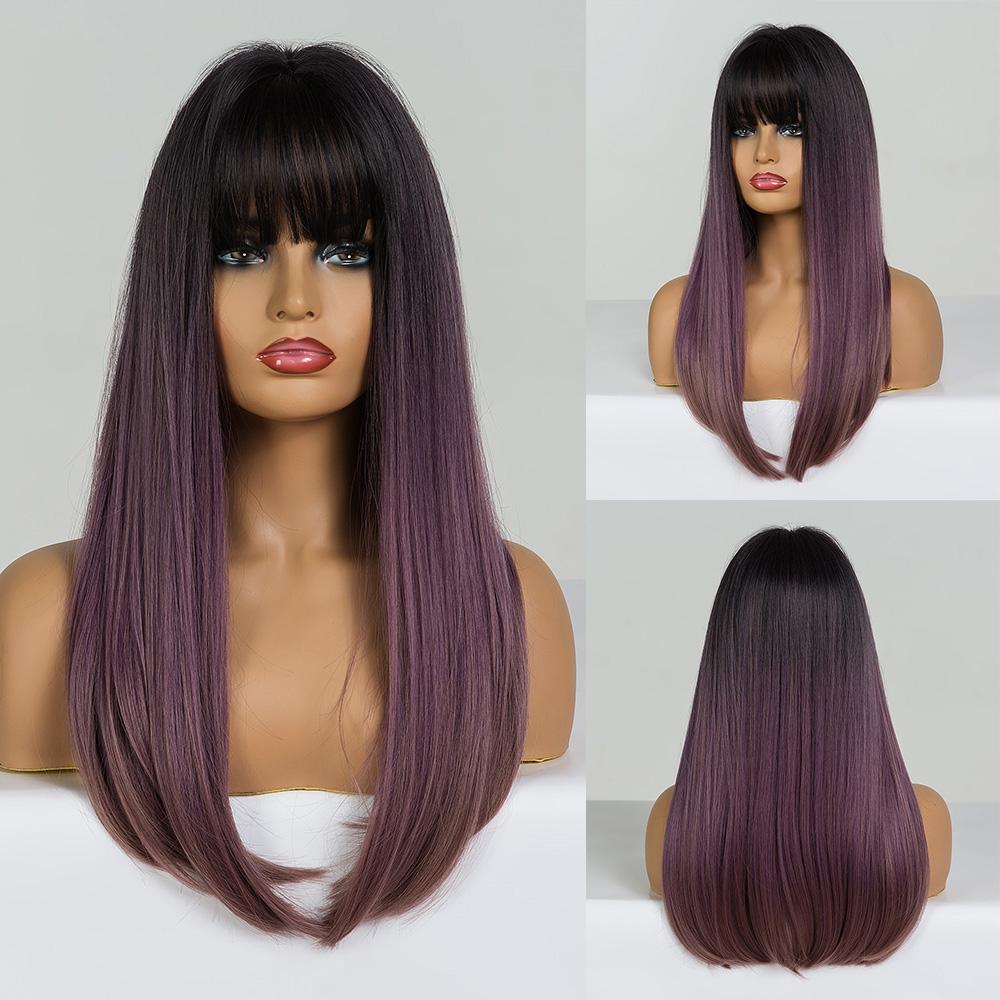 LOUIS FERRE Synthetic Long White Wigs with Bangs Cosplay Straight Wigs with Brown Highlight Natural Fake Hair for Black Women
