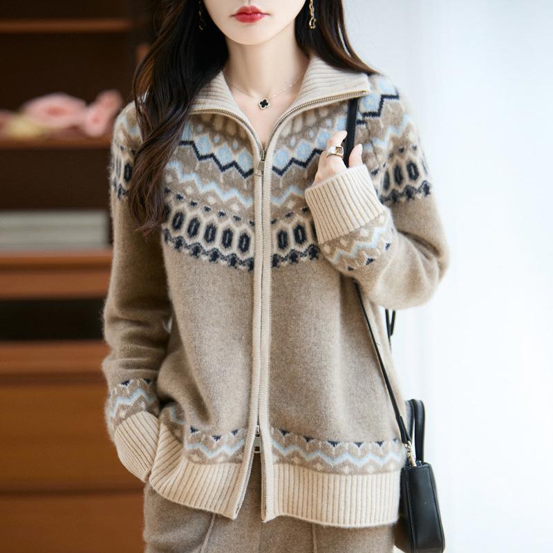 Cárdigan de Cachemira y Lana Fair Isle Otoño-Invierno para Mujer - Abrigo Grueso de Punto Suelto Jacquard
