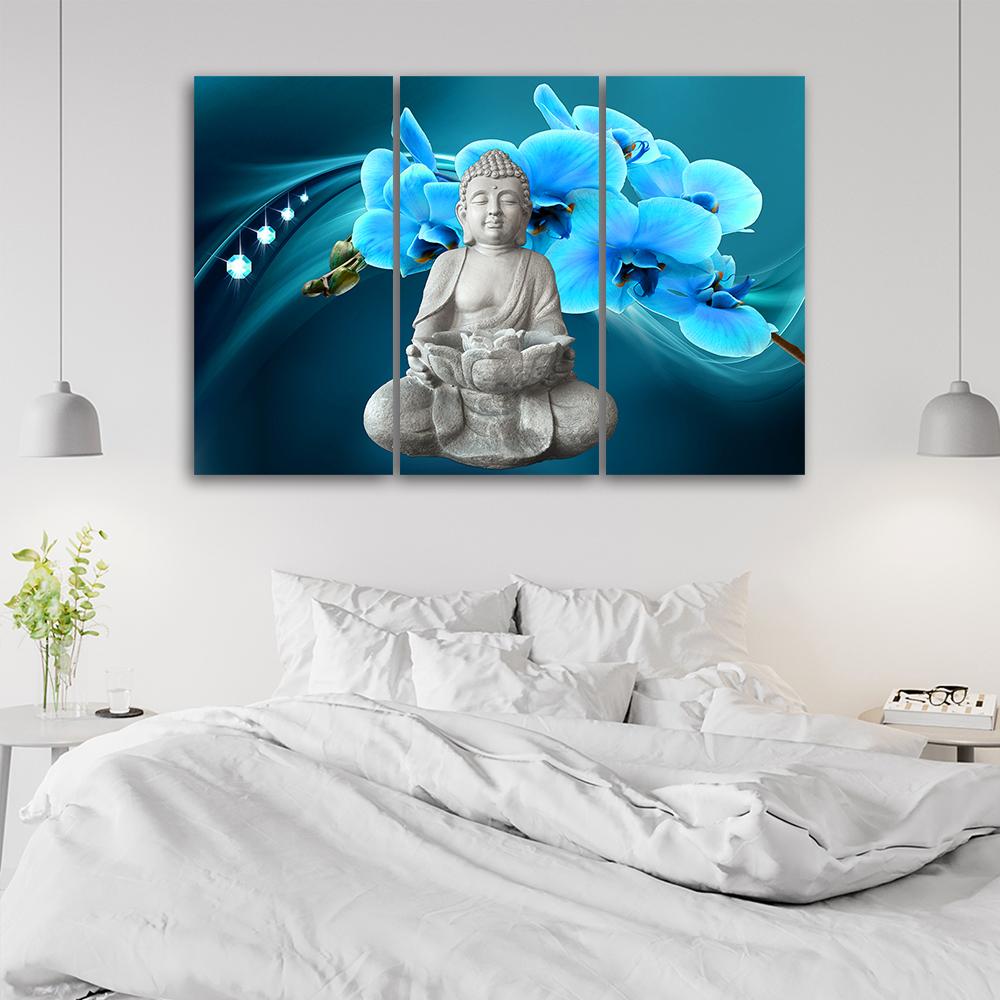 Three Piece Picture Canvas Print Buddha Zen Orchid Turquoise