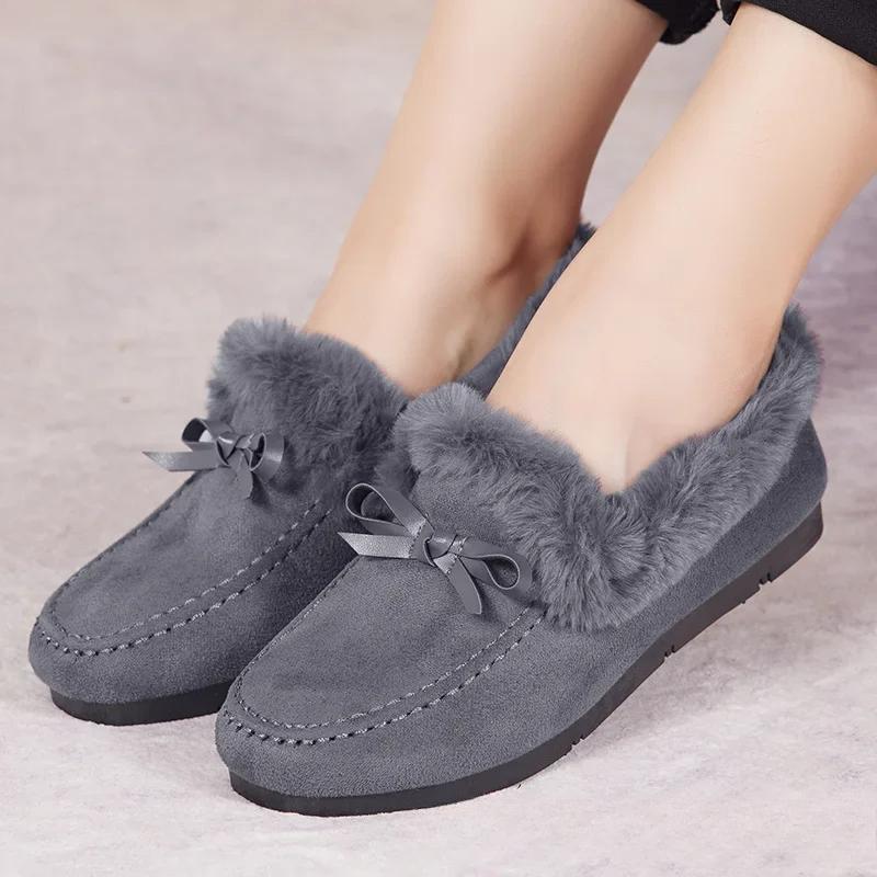 Women Winter Casual boots New Moccasins Soft Flat Non-slip Loafers Fashion Comfort Warm Plush Bow Slip on Female Cotton Shoes