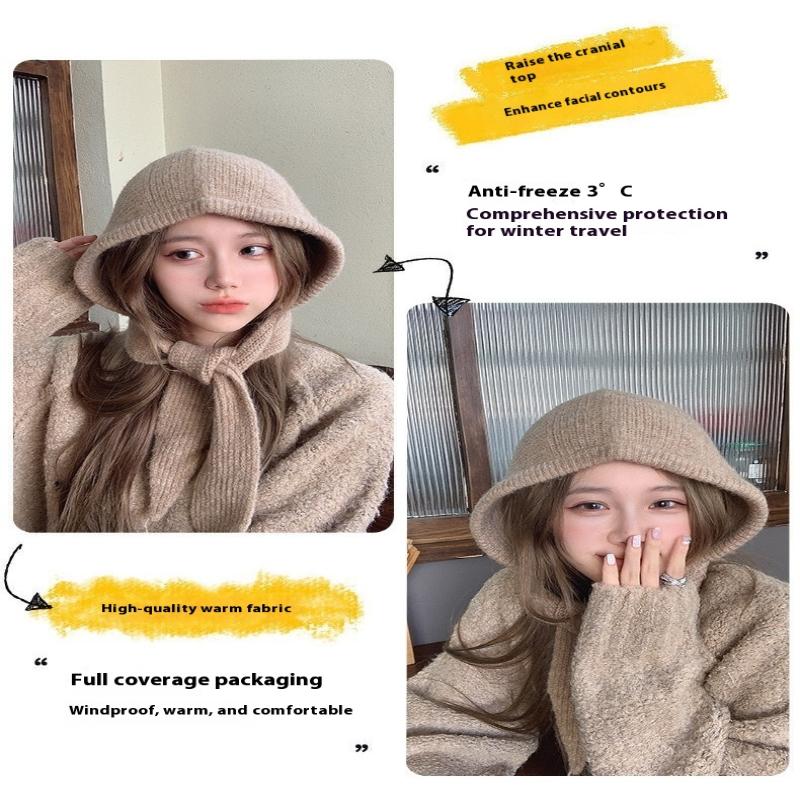 Korean Hood Scarf Balaclava Hat Ear Protection Warm Bomber Hats Women Retro Strap Bow Beanies Winter Accessories Knitted Law Hat