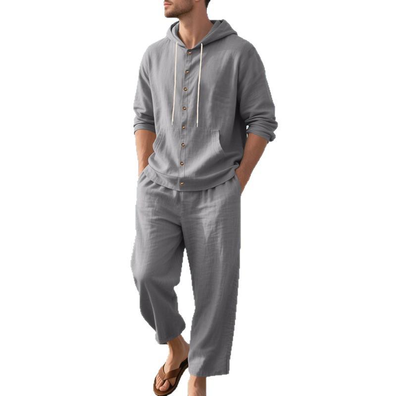 Men's Linen Long Sleeve Hooded Shirt and Pants Casual Beach Set