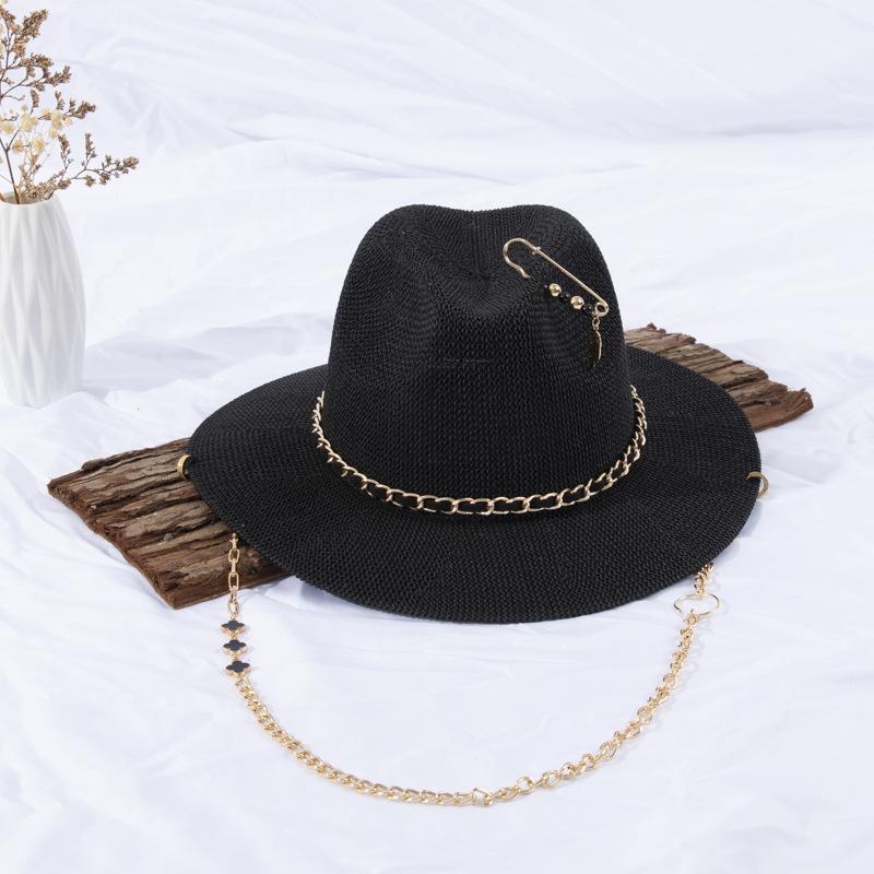 Premium chain straw hat DIY pin jazz hat women's summer beach hat fashion straw hat woven hat