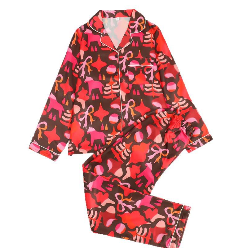 Women's Autumn/Winter Christmas Print Pajama Set - Turn-Down Collar, Long Sleeve, Long Pants, Cardigan Style