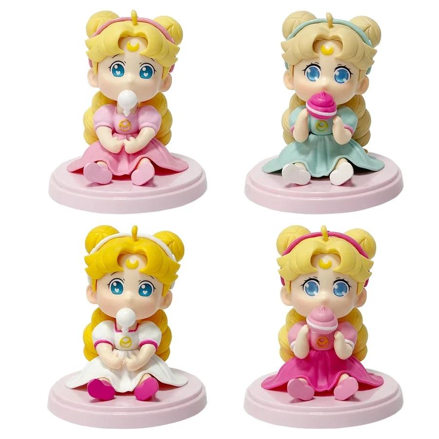 

10cm 4Pcs/Set Sailor Moon Anime Figure Kawaii Tsukino Usagi Action Figure Room Decorations Collection Model Doll Toys Kids Gift