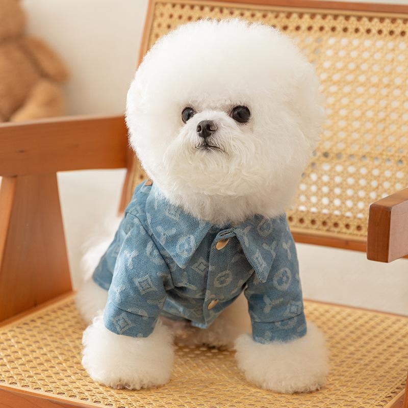 Dog Clothing Can Pull Denim Clothes Trendy Cool Jacquard Two-legged Clothes Medium and Small Dog Cat Autumn and Winter Pet Clothes