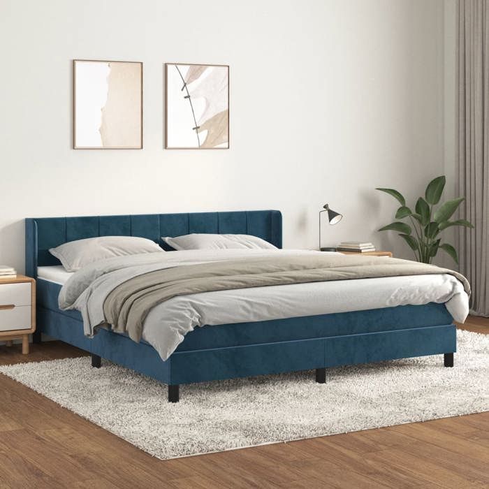 3130977 vidaXL Lit à sommier tapissier et matelas Bleu foncé 180x200cm Velours