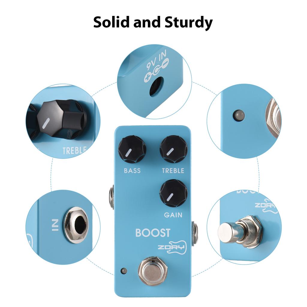 ZORY Guitar Boost Effects Pedal BASS/TREBLE/GAIN 2-Band EQ Control DC 9V 6.35mm Input/Output