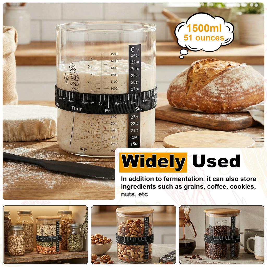 1500/900ml Sourdough Starter Jar Kit Borosilicate Glass Dough Fermentation Container with Lid and Accessories Bread Starter Jar