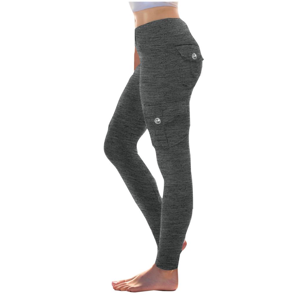 Damen Stretch-Bund Knopf Mehrere Taschen Kordelzug Yoga-Hose Leggings Sport Dünn Geschnittene Hose