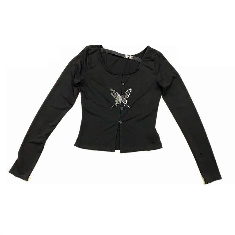 2KWEIRD Gothic Butterfly Print T-shirt Grunge Fairycore Hollow Out Crop Tops Japanese Harajuku Slim Tshirt Y2k Aesthetics Dark