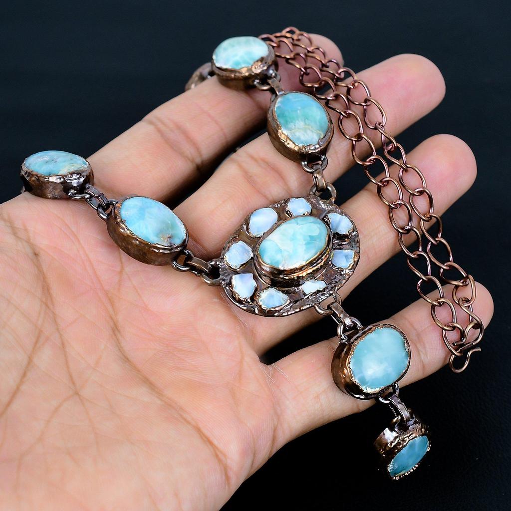 Larimar Copper Electroformed Necklace with Adjustable Chain, Handmade Gemstone Jewelry Necklace For Memorial Day