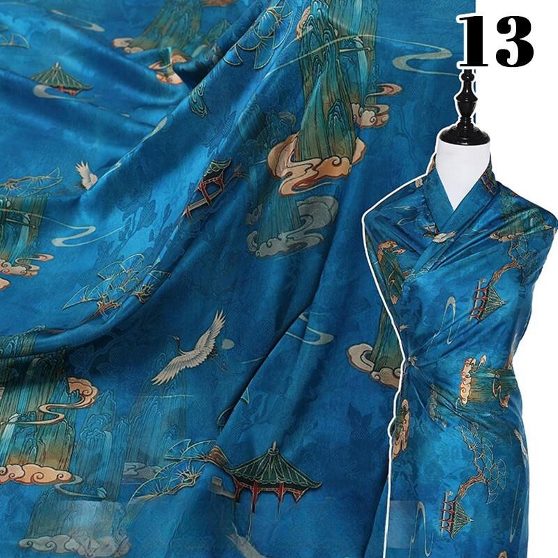Chinese Landscape Painting Fabric Silk Stretch Satin Cloth for Cheongsam Hanfu DIY Sewing Craft Dress Stage Clothing Supplies