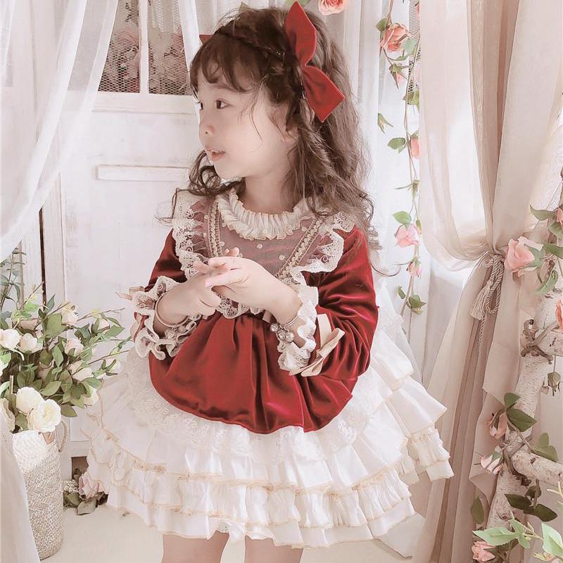 Vestido de Princesa Lolita de Renda de Veludo para Menina Bebê Criança Vintage Elegante Laço Tutu Vestido Natal Bebê