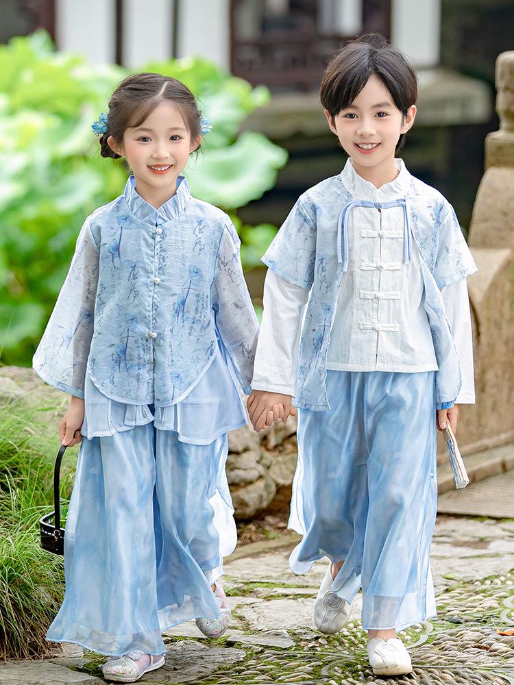 Boys' and Girls' Chinese Style Hanfu Set for Spring/Autumn – Long Sleeve Light Blue Tang Suit for Mid-Autumn Performance