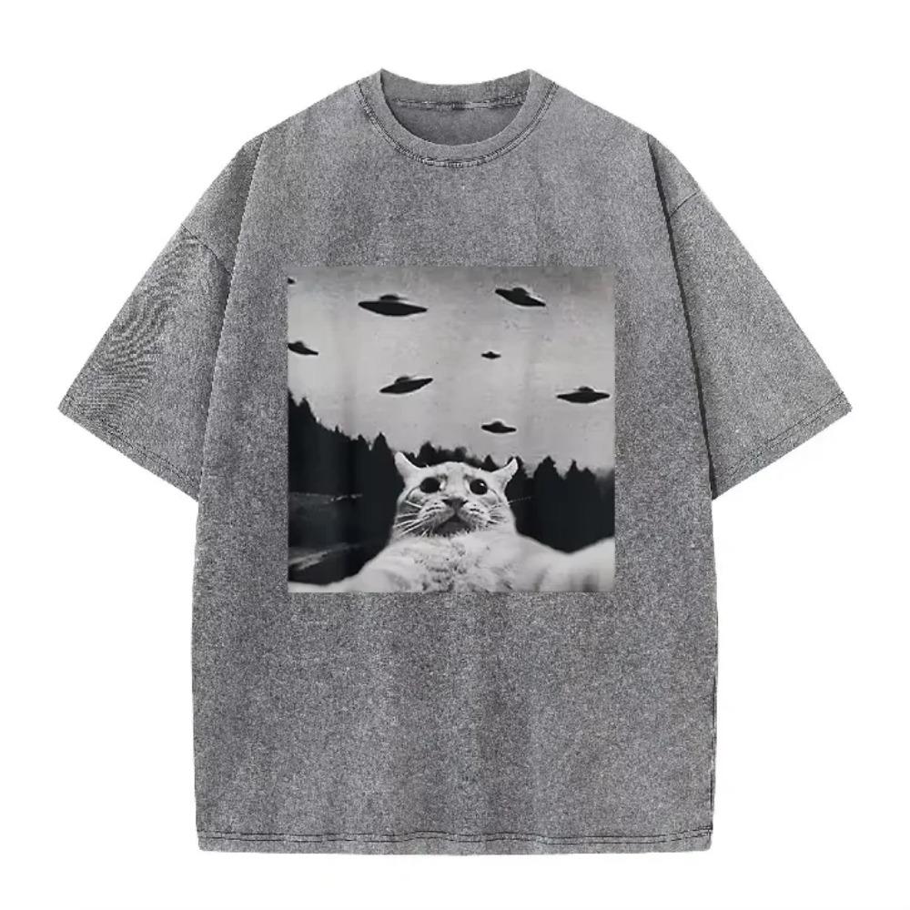 Retro Acid Wash Oversized T-Shirt Seltsame Katze Fliegende Untertasse Vintage Grafik Lässig Herren Damen Sommer Oberteile