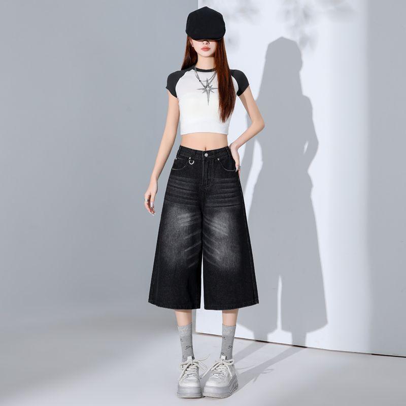 Fashion Summer Vintage High Waist Loose Cropped Capri Pants For Women Versatile High Street Straight Denim Trendy Slimming FigureFlattering Daily Wear