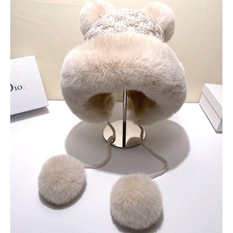 

Шапка женская, зимняя, с защитой ушей, вязаная шапка, модная плюшевая утолщенная милая шапка с медведем, дорожная холодная шапка 54-59CM