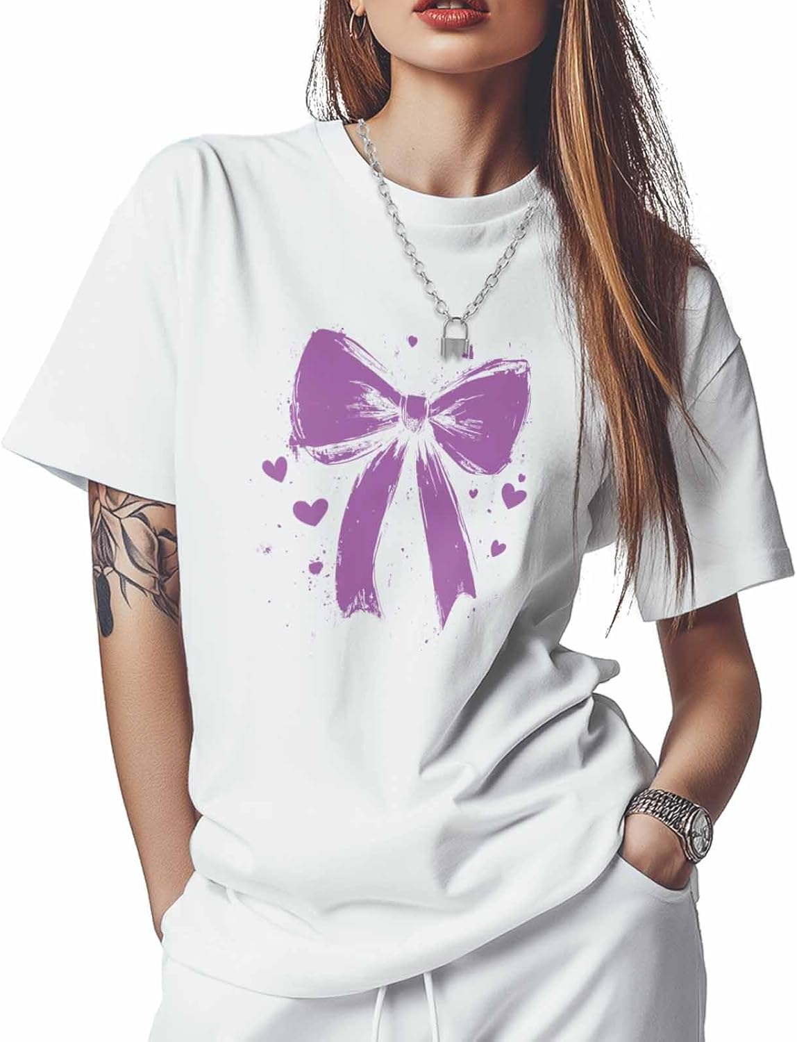 

T Shirts for Women Graphic Tees Purple Bow Crew Neck Short Sleeve Shirts for Women Heart Casual T-Shirt S разноцветный