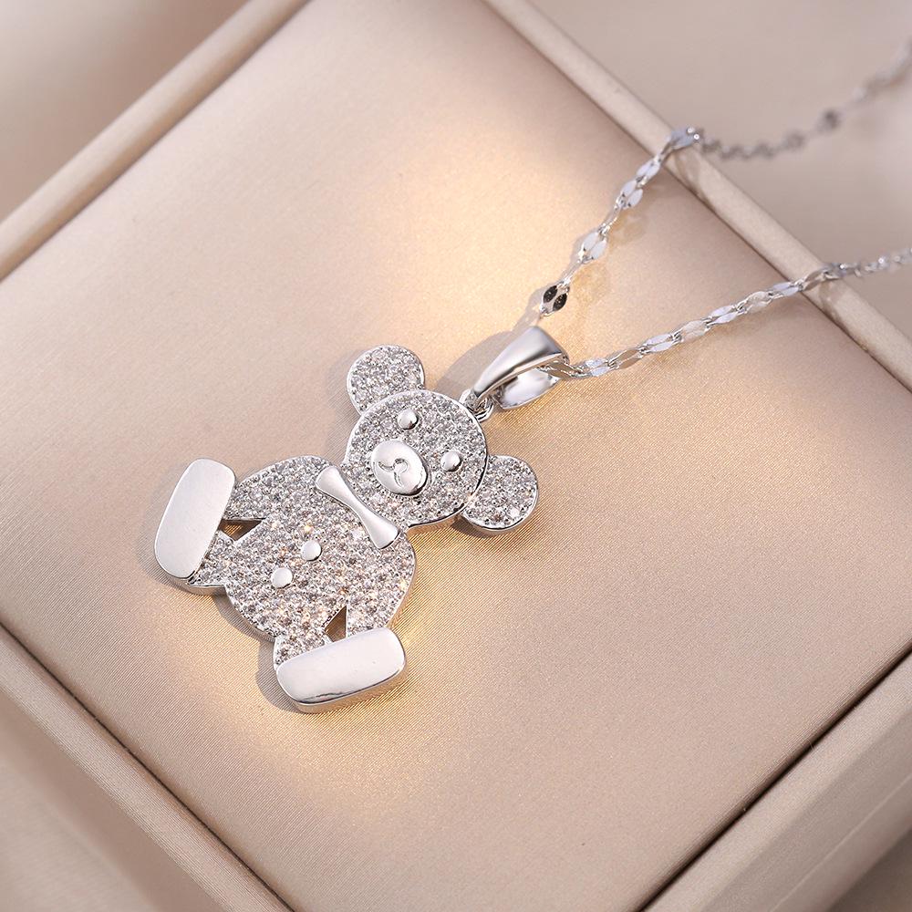 Women's Full Diamond Bear Necklace - Trendy Hip-Hop Titanium Steel Sweater Chain Jewelry