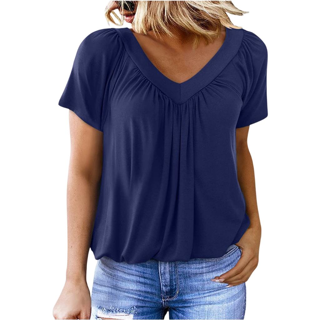 Women's Casual Color V-Neck Pleated Short Sleeved Top V-Neck Pleated Short Sleeved Top