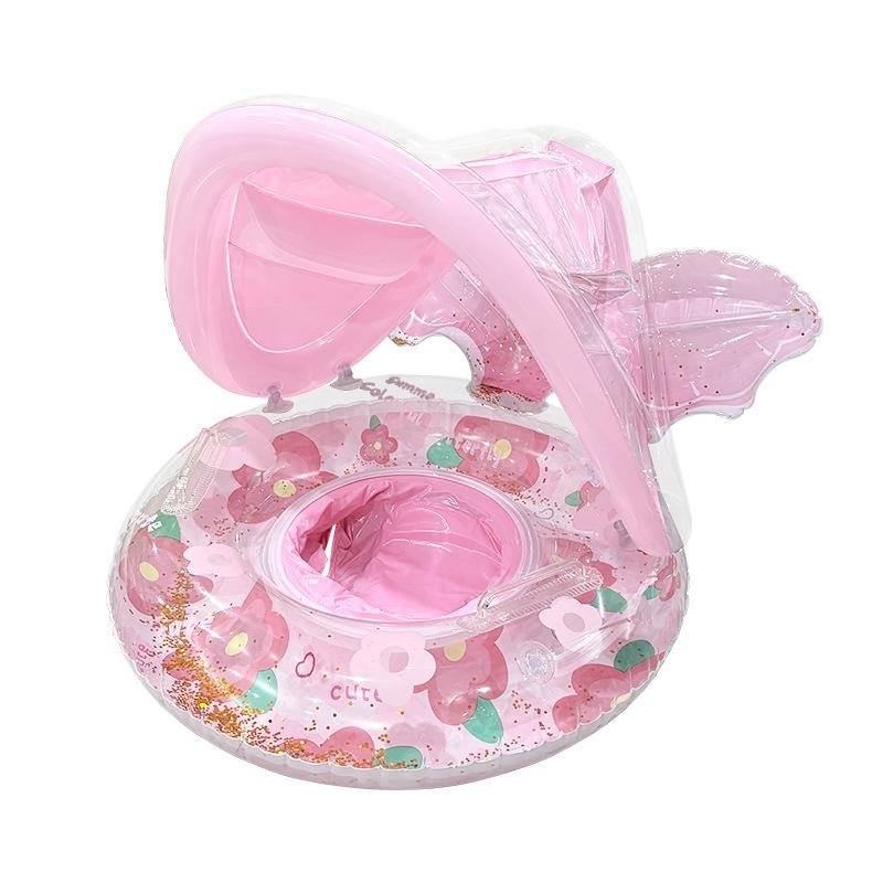 Internet Famous Cartoon Kids Swim Seat Ring Anti Rollover Thickened PVC Inflatable with Canopy Pocket for Water Entertainment (Pink,sequin sunflower)