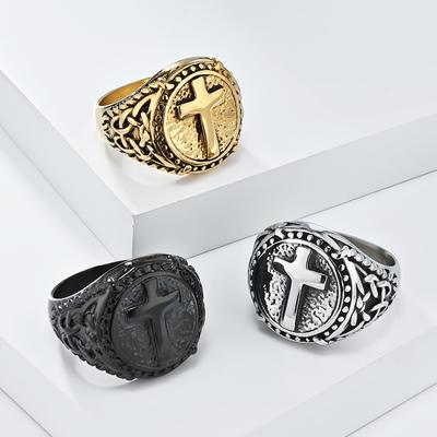 European and American Retro Stainless Steel Cross Ring Mens Personalized Daily Outfit