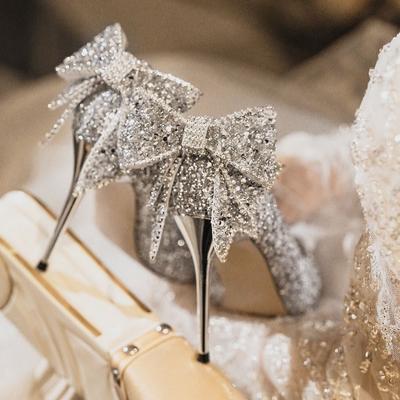 Pointed Silver Sequined High Heels Women's 2025 New Thin Heel Rhinestone Bow Wedding Shoes Temperament Crystal Single Shoes