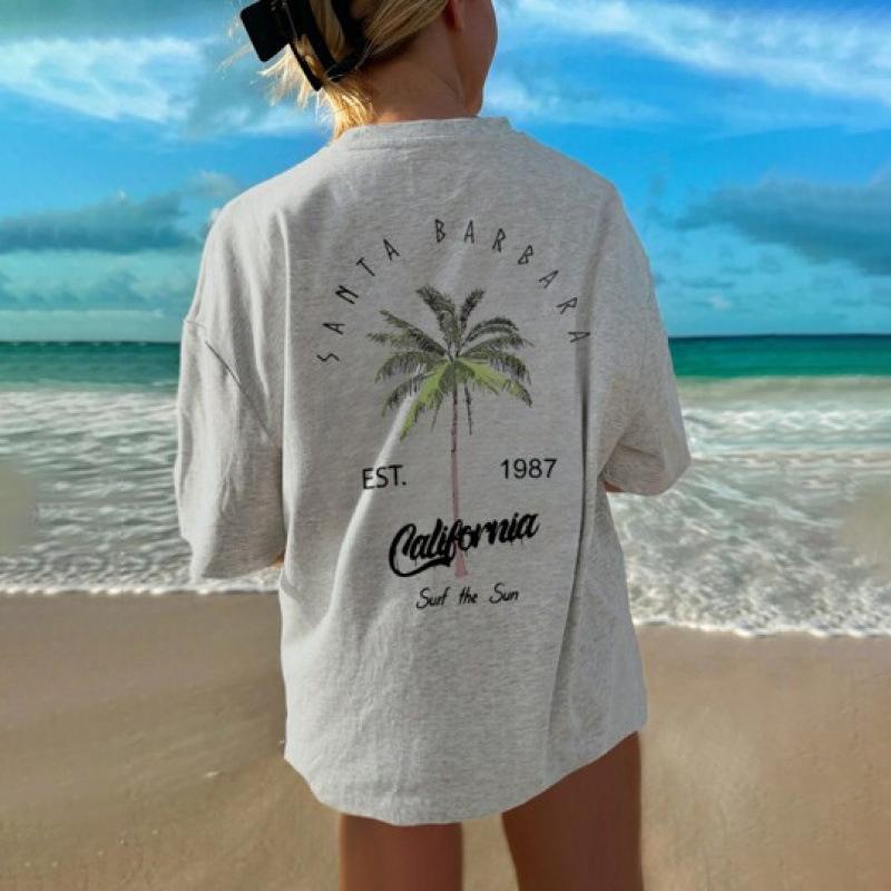 Women's Coconut Tree & Letter Print Drop Shoulder Sleeve Tee- Fashion Short Sleeve Top