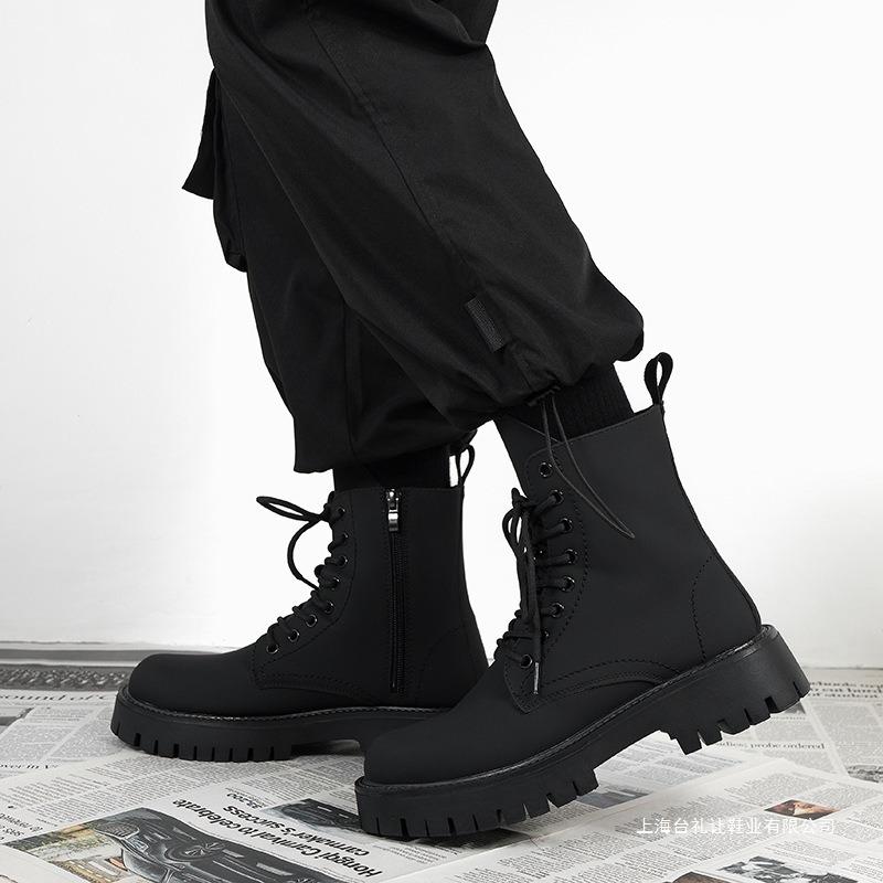 Martin Boots Men's Black High-top Leather Shoes 2 New Medium-top Locomotive Boots Boys Heightening Leather Boots