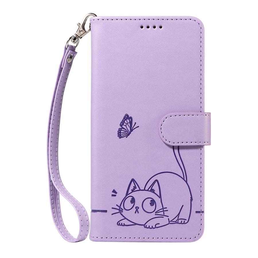 Embossed Butterfly and Cat Flip Case with 3 Card Slots and Stand for iPhone/Samsung/Xiaomi Redmi PU Leather Phone Wallet Case with Hand Strap