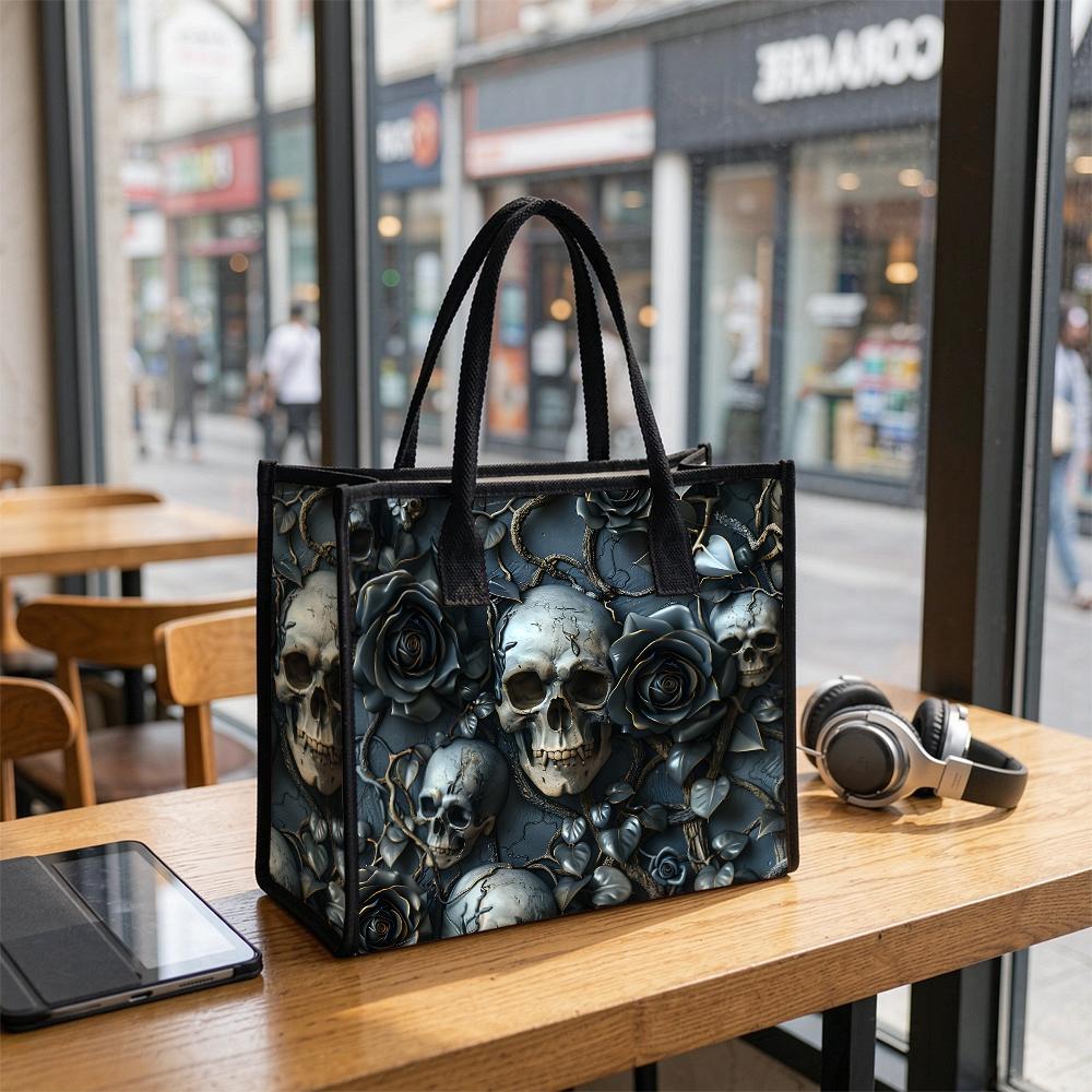 Gothic Skull Rose Print Shoulder Tote Bag Fashion Daily Use Casual Handbag for Street Outgoing Carry All