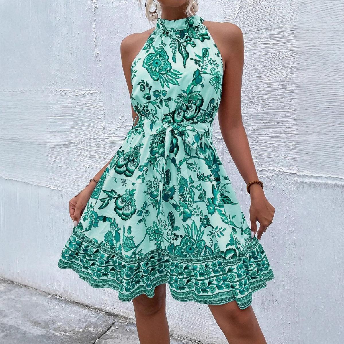 Summer New Fashion Women s Floral Cinched Waist Halter Tie Strap Dress for European American Style S