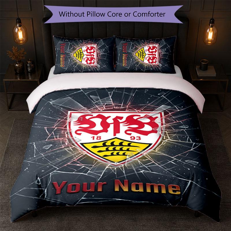 Set Biancheria da Letto Personalizzato VfB Stuttgart FC con Nome Testo 1 Copripiumino+2 Federe Logo Calcio Regalo Personalizzato per Occasioni Speciali Decorazione Camera da Letto